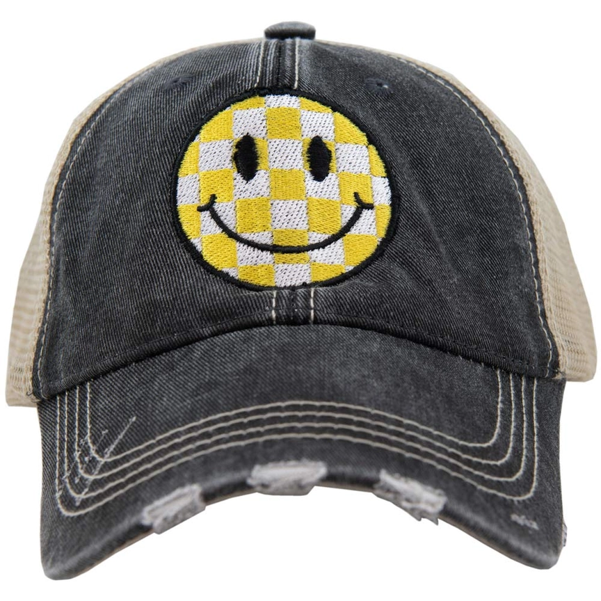 YELLOW CHECKERED HAPPY FACE HAT-BLACK